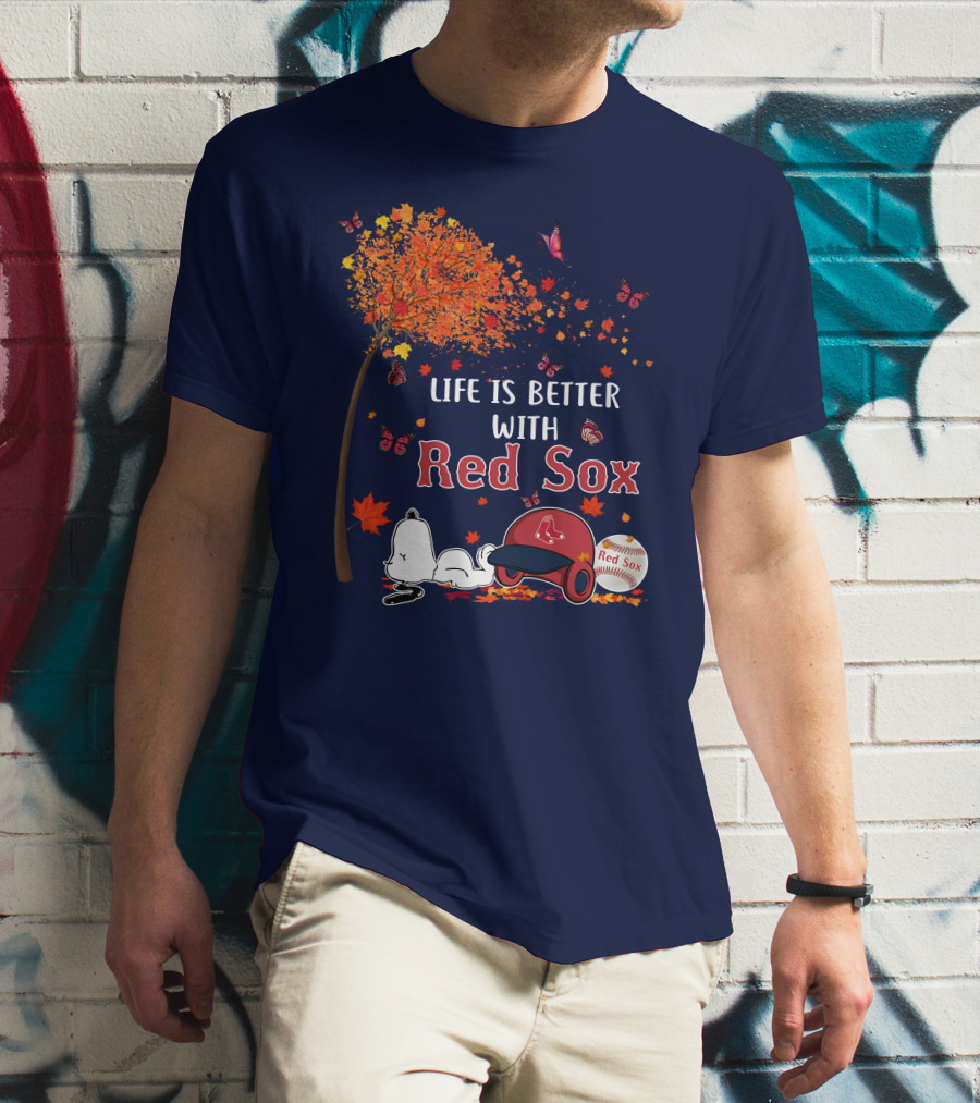 Life Is Better With Red Sox Tree Butterflies Baseball T-Shirt
