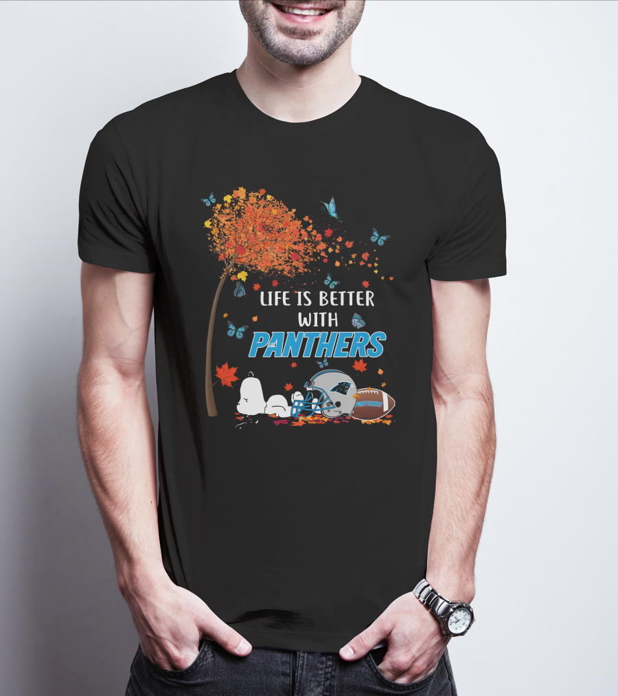 Life Is Better With Panthers Carolina Football Helmet And Autumn Leaves T-Shirt
