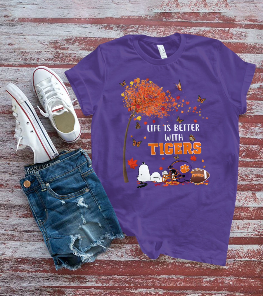 Life Is Better With Tigers Autumn Tree Snoopy Football Helmet Butterflies T-Shirt
