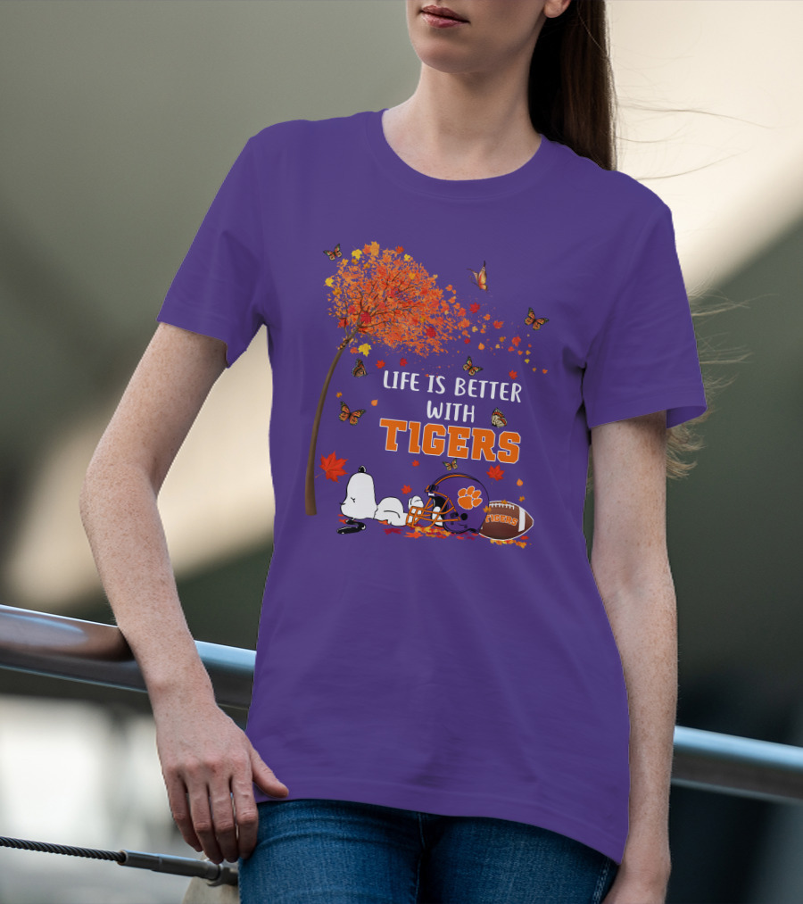 Life Is Better With Tigers Autumn Tree Snoopy Football Helmet Butterflies T-Shirt