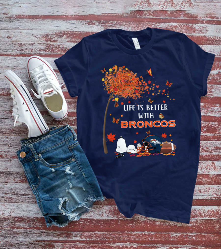 Life Is Better With Broncos Tree Butterflies Helmet Football T-Shirt