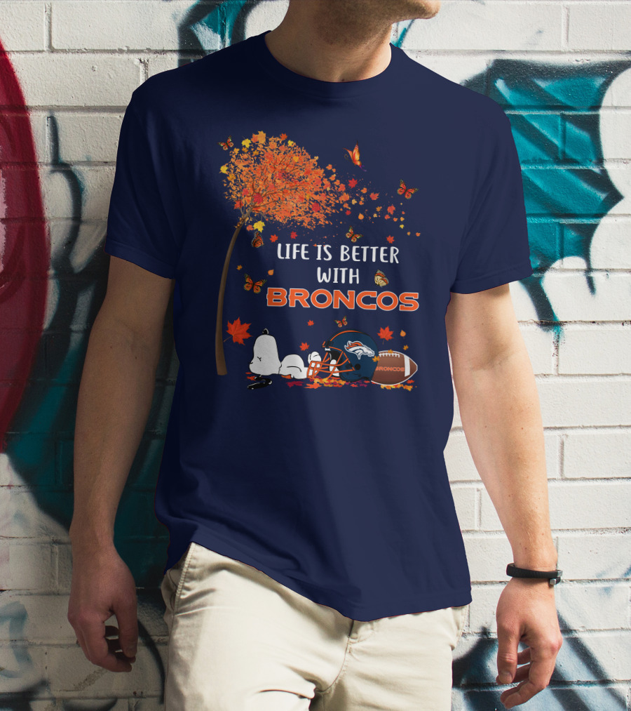 Life Is Better With Broncos Tree Butterflies Helmet Football T-Shirt