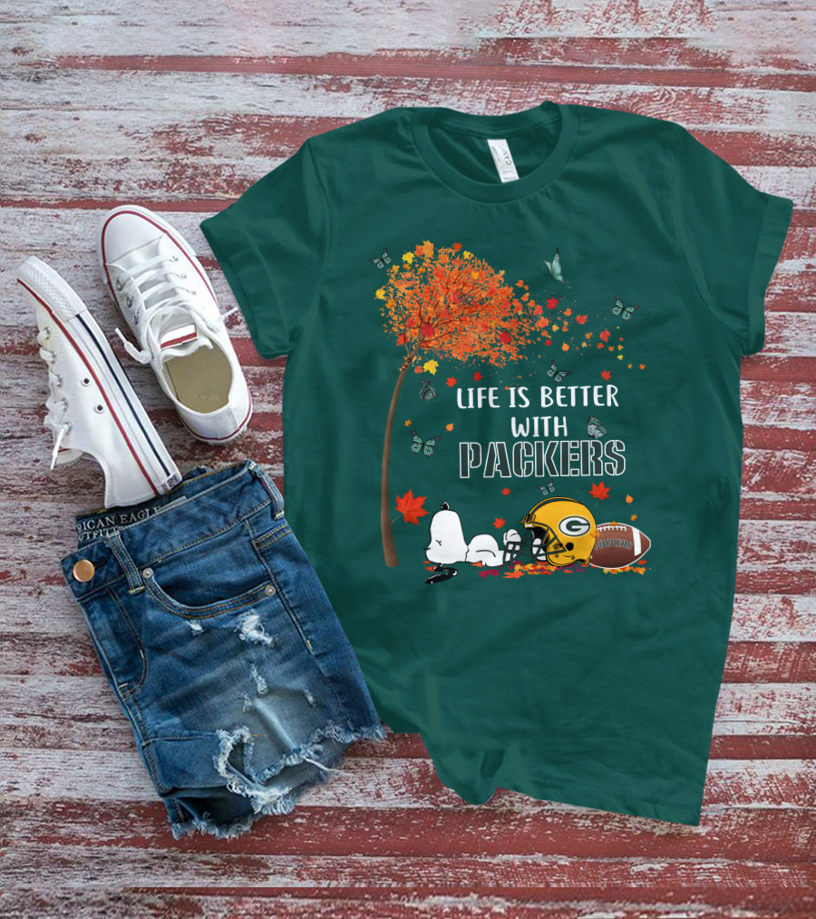 Life Is Better With Packers Green Bay Football Autumn Snoopy Leaves T-Shirt