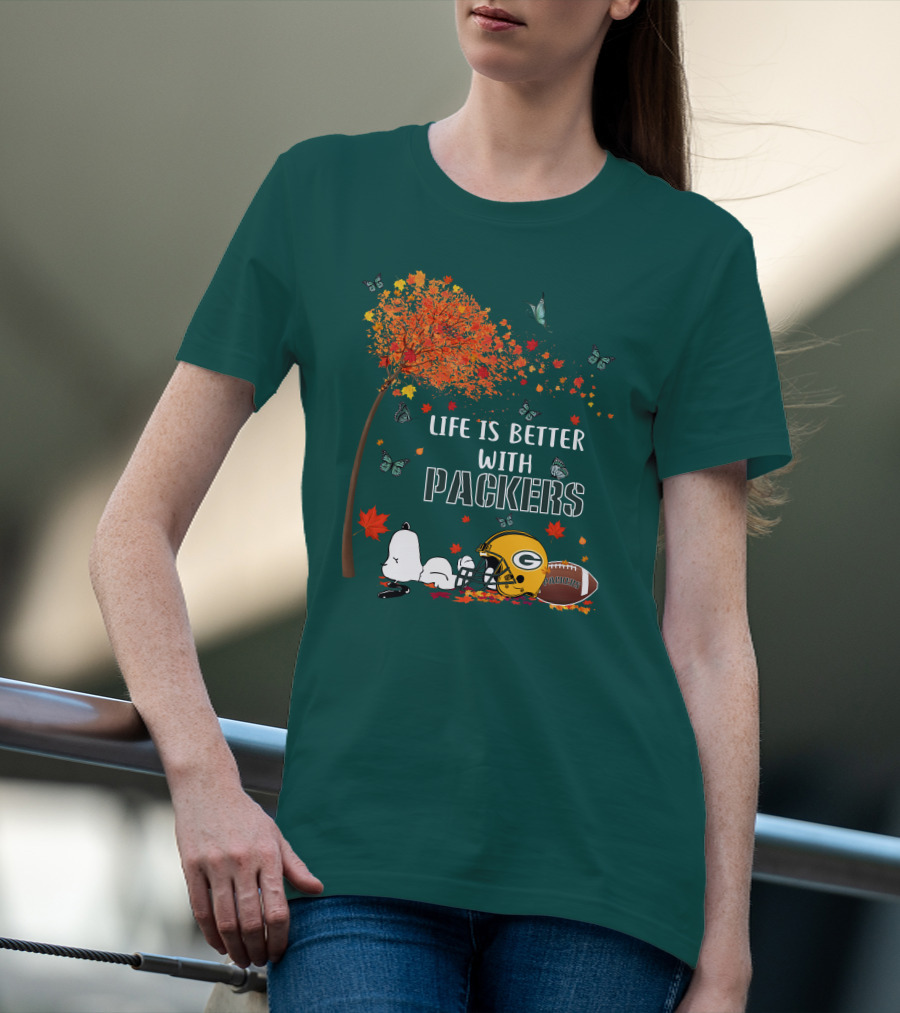 Life Is Better With Packers Green Bay Football Autumn Snoopy Leaves T-Shirt