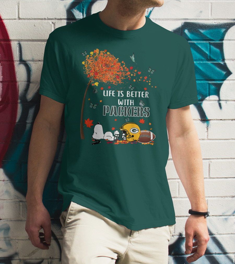 Life Is Better With Packers Green Bay Football Autumn Snoopy Leaves T-Shirt