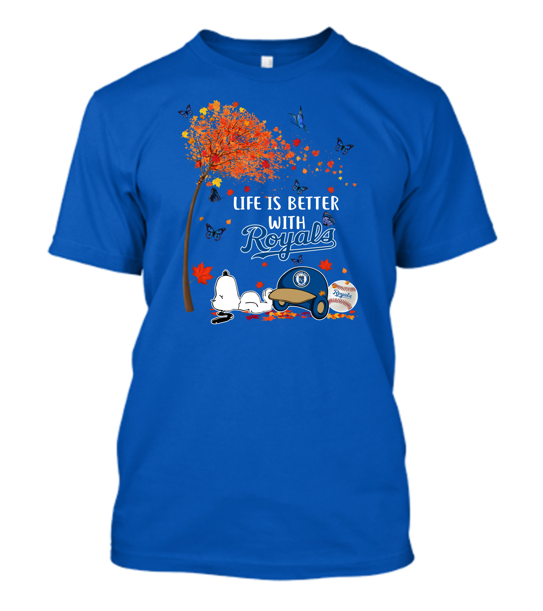 Life Is Better With Royals Baseball Helmet Autumn Leaves Snoopy And Butterfly T-Shirt