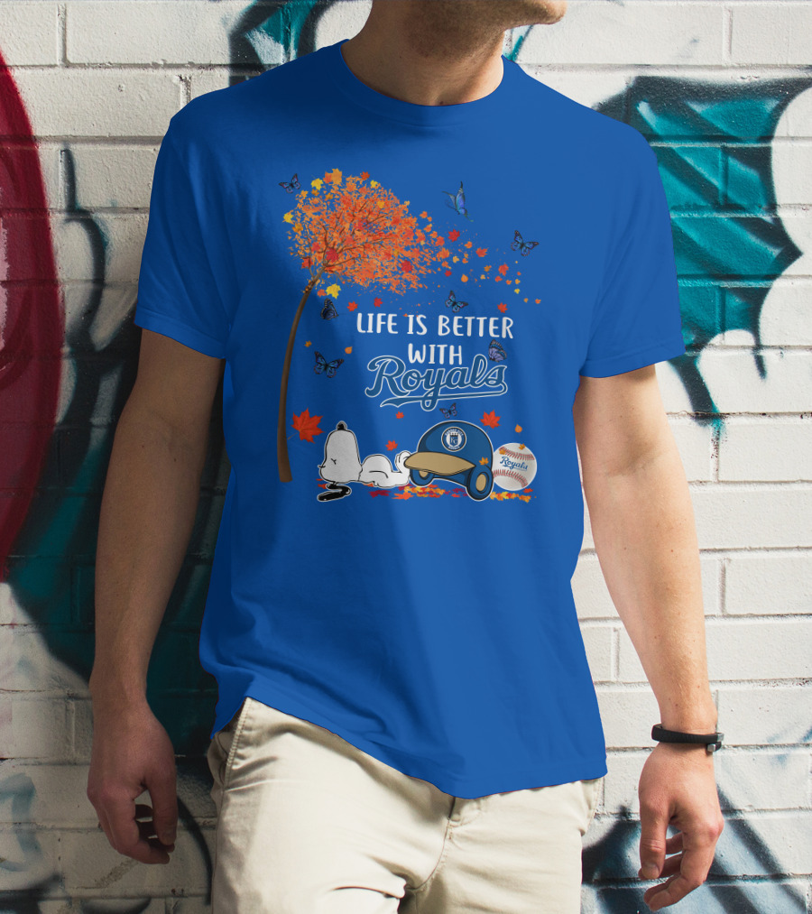 Life Is Better With Royals Baseball Helmet Autumn Leaves Snoopy And Butterfly T-Shirt