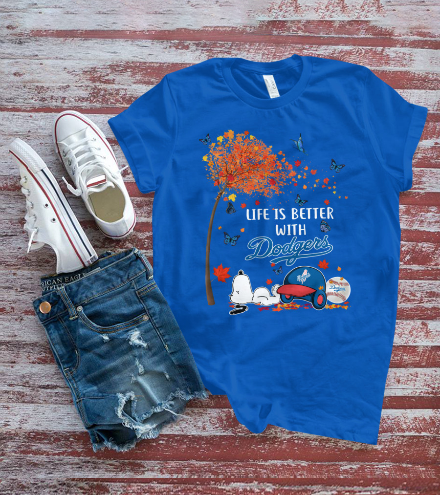 Life Is Better With Dodgers Autumn Leaves Snoopy Baseball Cap And Ball T-Shirt