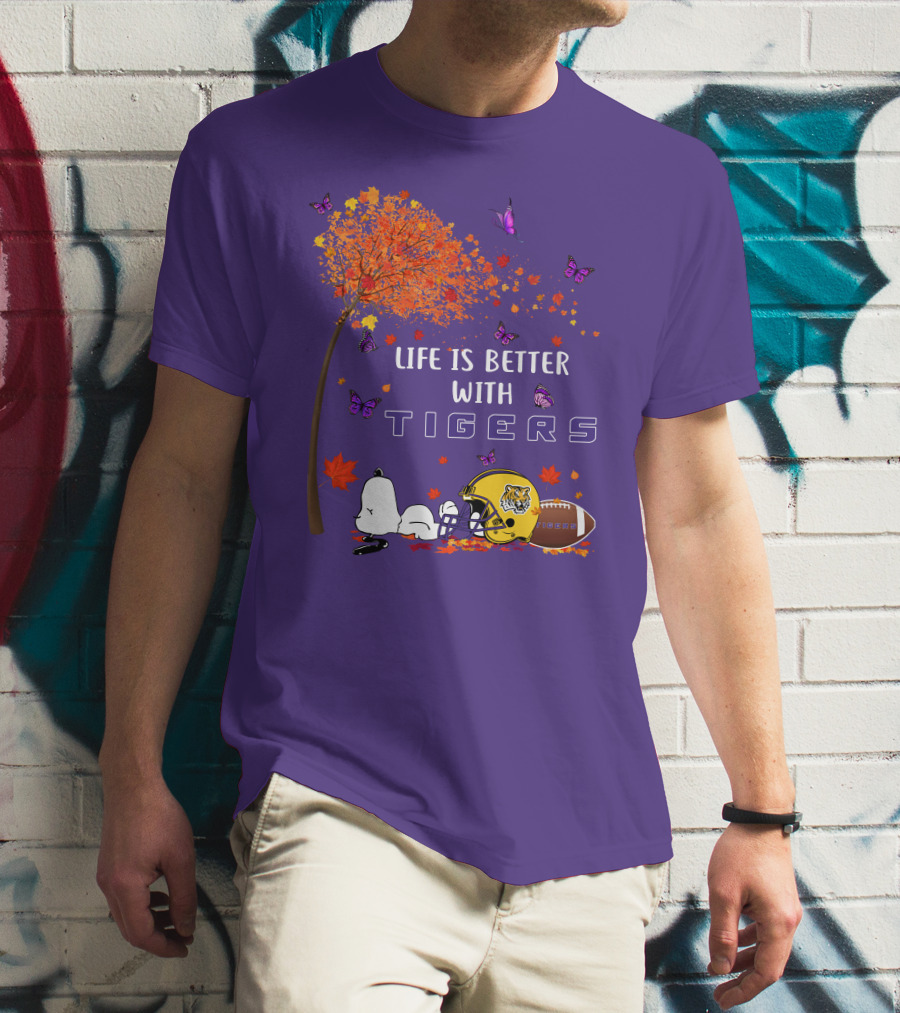 Life Is Better With Tigers Football Leaves Butterflies Helmet T-Shirt