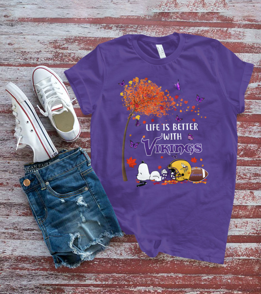 Life Is Better With Vikings Football And Autumn Leaves T-Shirt