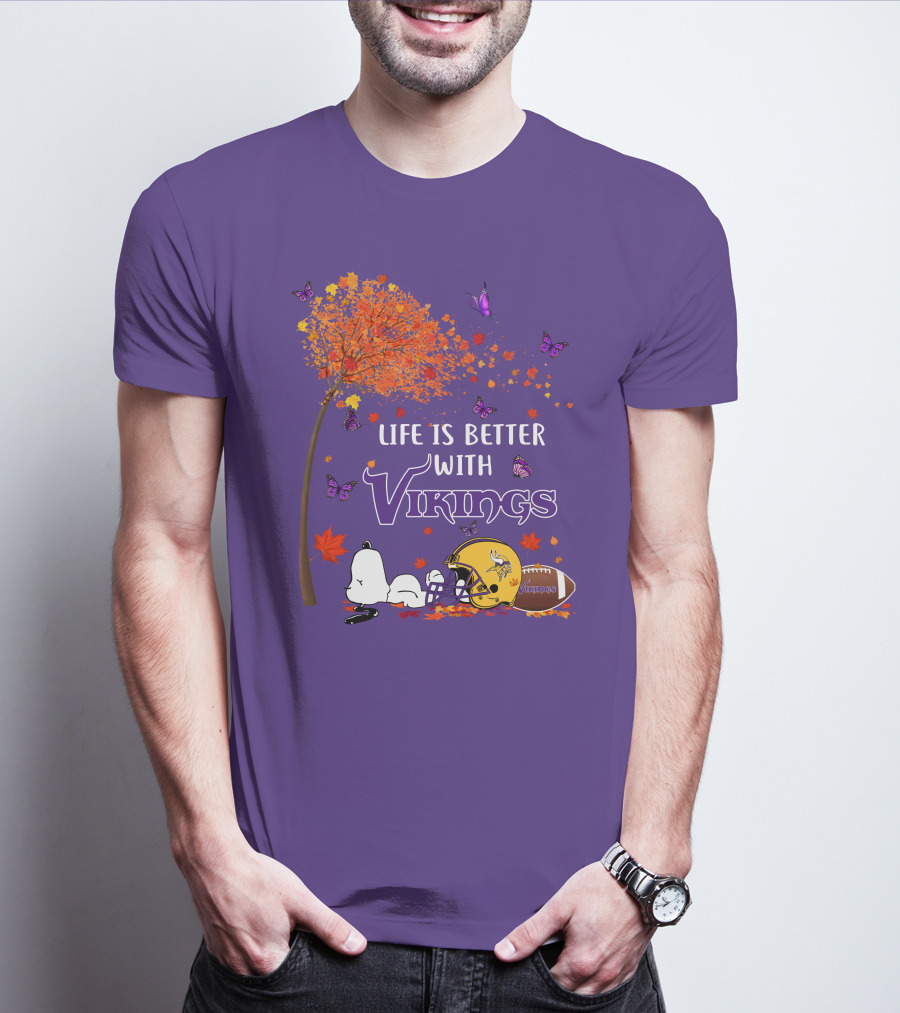 Life Is Better With Vikings Football And Autumn Leaves T-Shirt