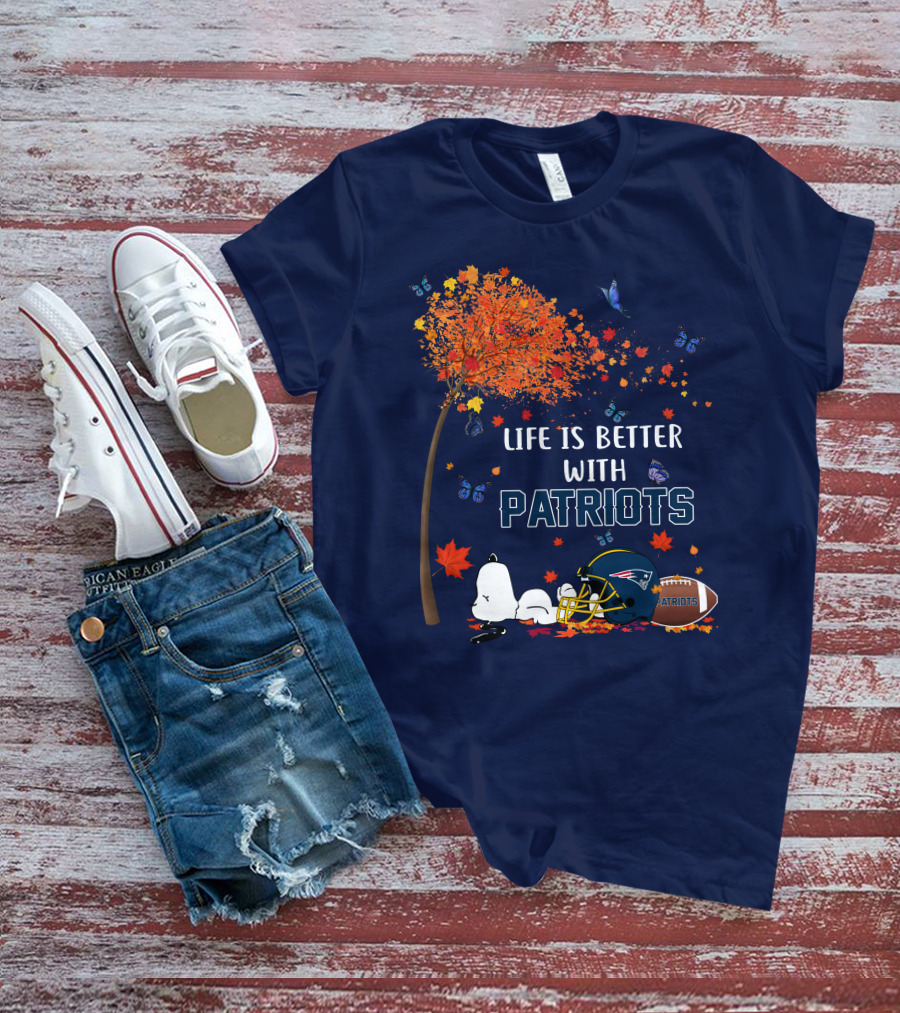 Life Is Better With Patriots New England Football Autumn Tree Butterfly T-Shirt