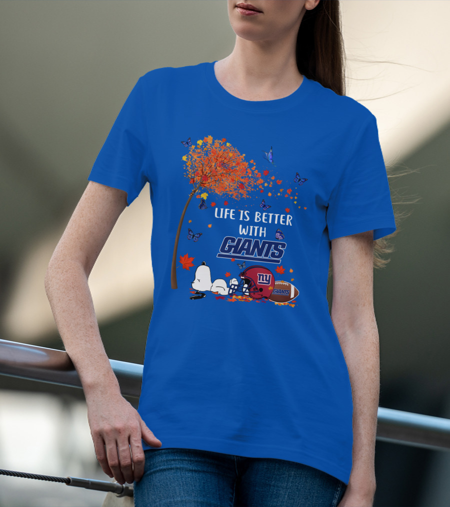 Life Is Better With Giants New York Giants Football Autumn Leaves Snoopy Butterflies T-Shirt