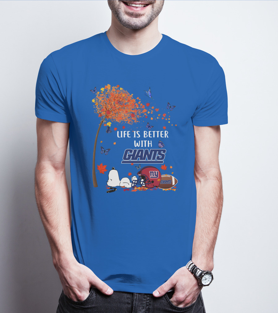 Life Is Better With Giants New York Giants Football Autumn Leaves Snoopy Butterflies T-Shirt