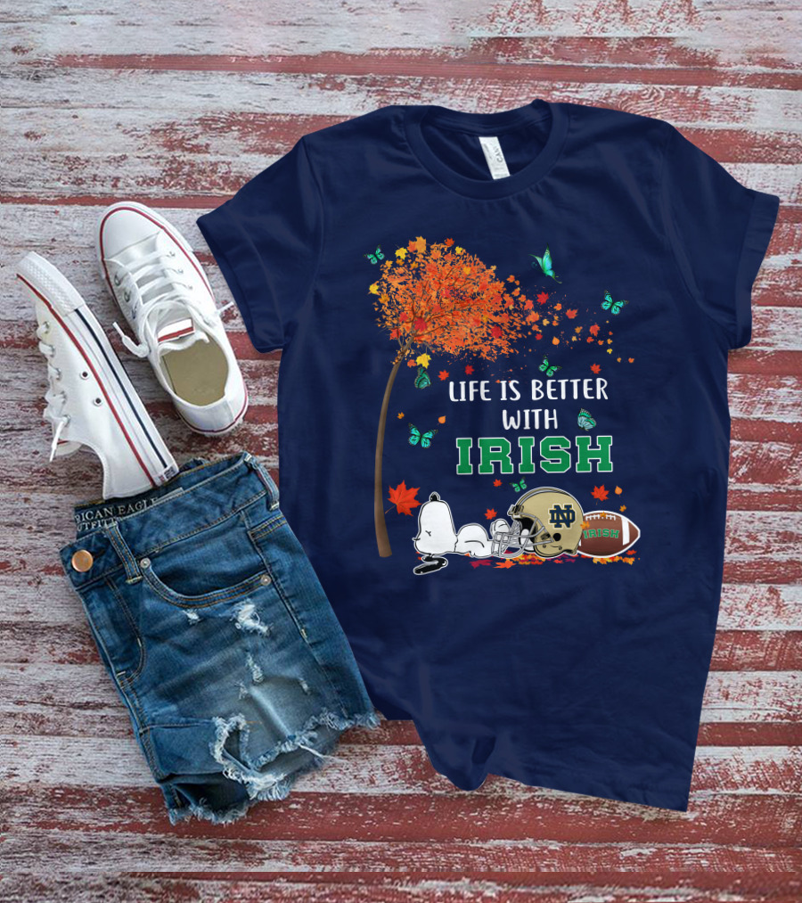 Life Is Better With Irish Autumn Leaves Football Helmet Snoopy Notre Dame T-Shirt