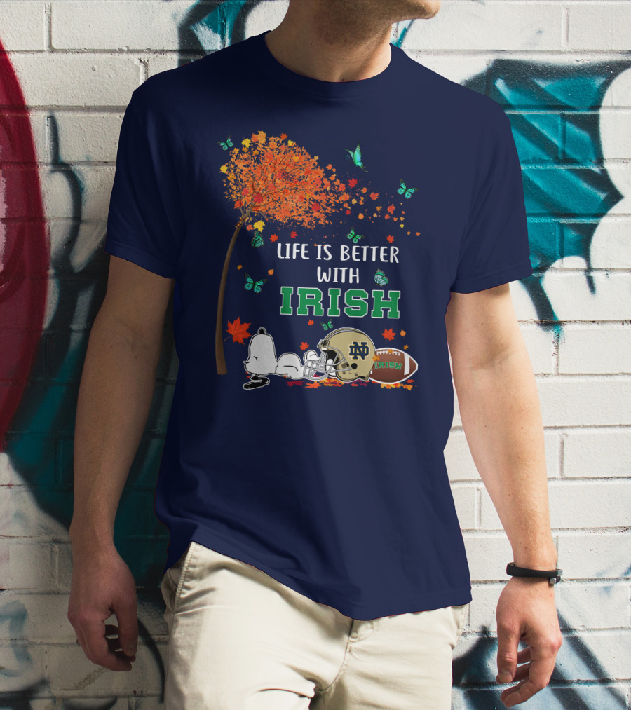 Life Is Better With Irish Autumn Leaves Football Helmet Snoopy Notre Dame T-Shirt