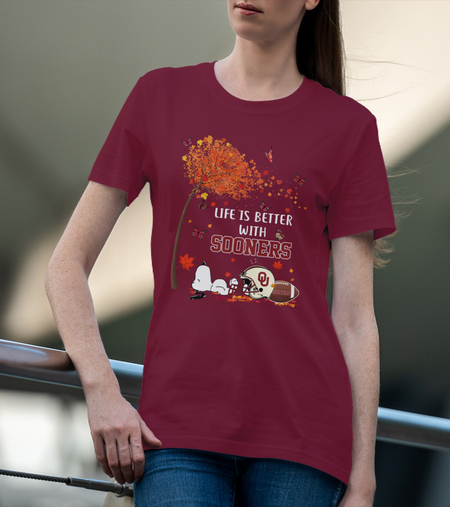 Life Is Better With Sooners Football Autumn Leaves And Butterflies T-Shirt