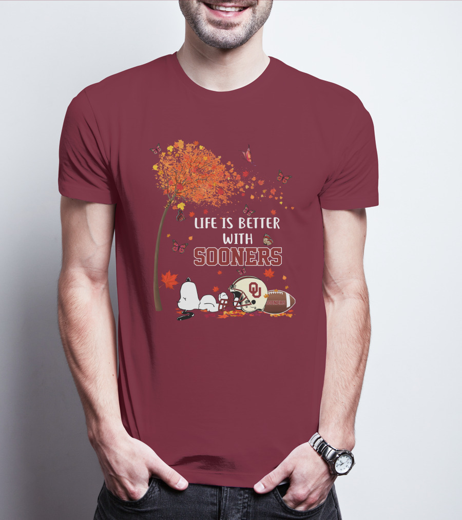 Life Is Better With Sooners Football Autumn Leaves And Butterflies T-Shirt