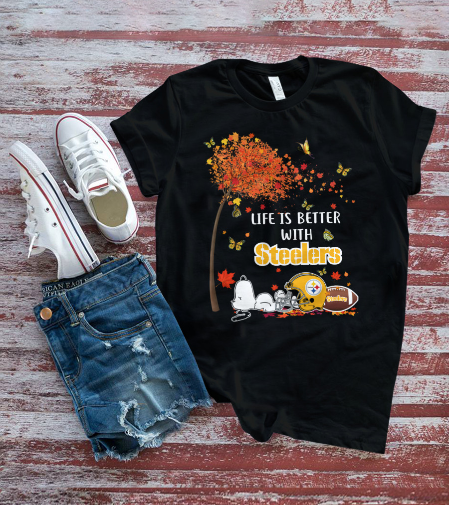 Life Is Better With Steelers Autumn Snoopy Football Helmet T-Shirt