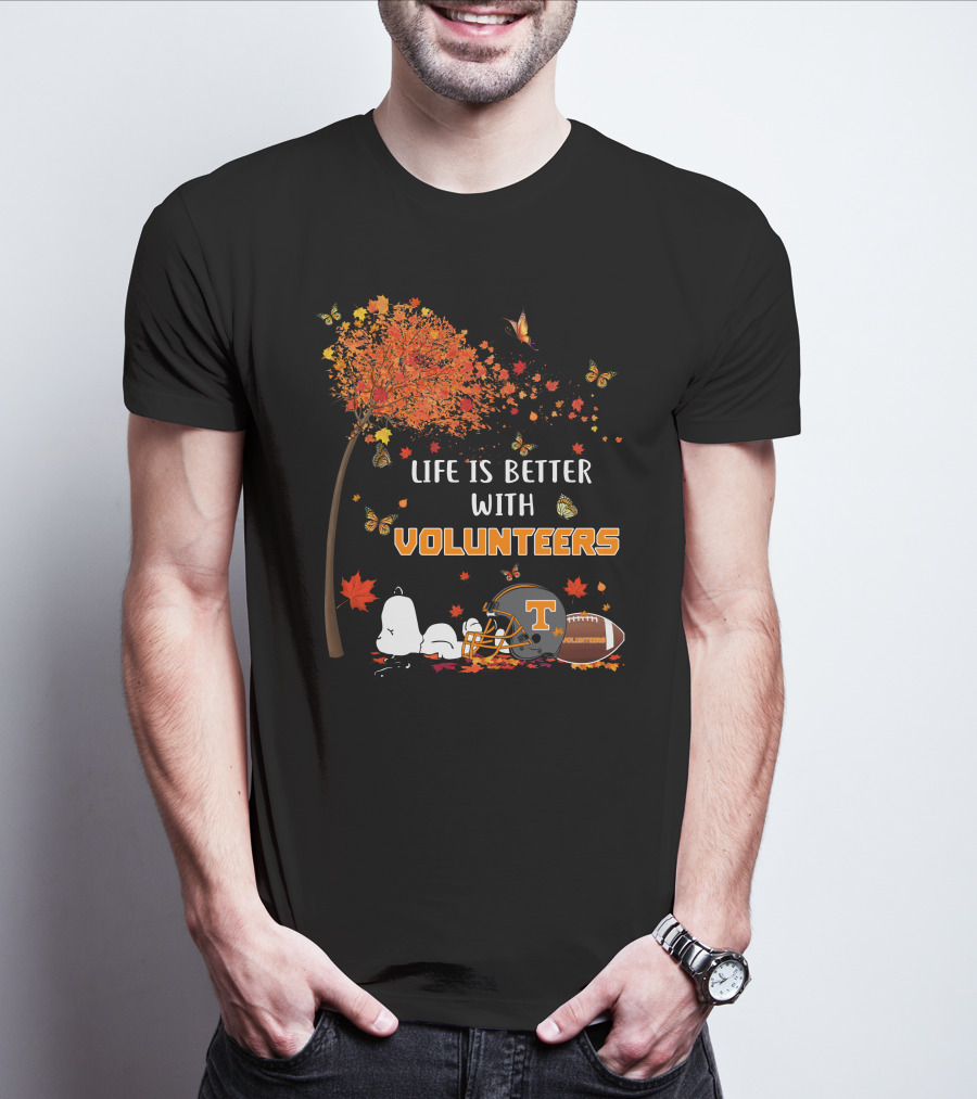 Life Is Better With Volunteers Tennessee Football Autumn Leaves And Butterflies T-Shirt