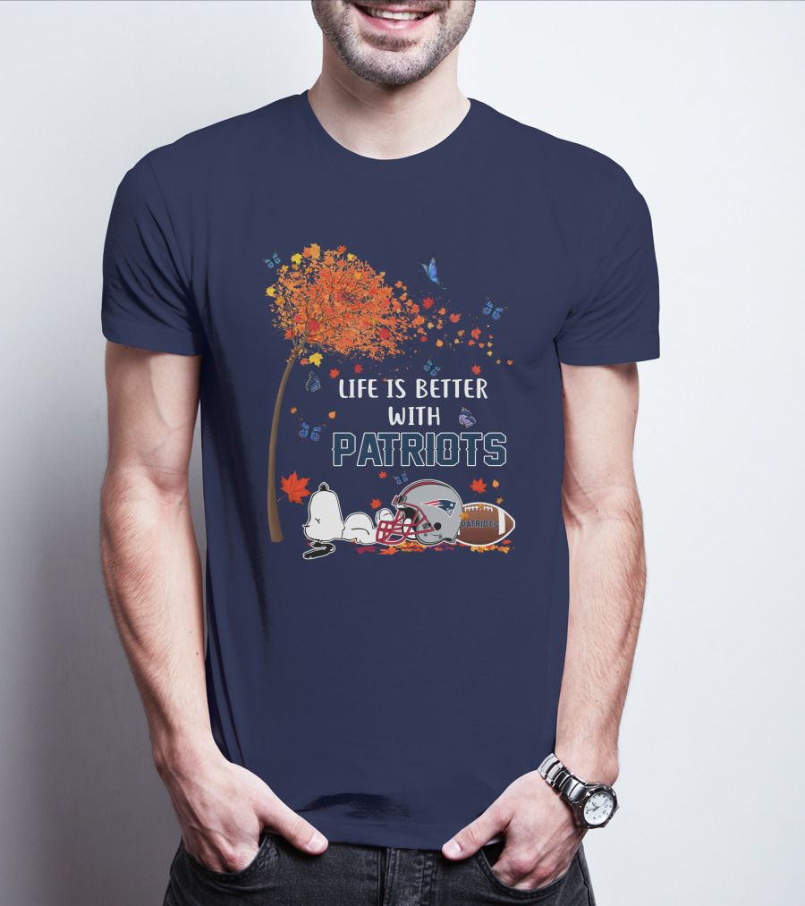 Life Is Better With Patriots New England Football Autumn Leaves And Snoopy T-Shirt