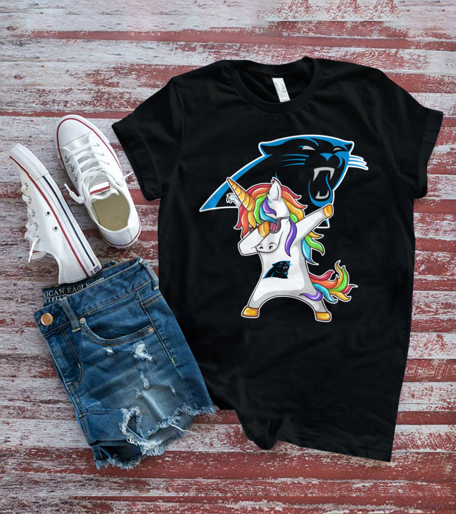Carolina Panthers Unicorn Dabbing With Team Logo And Rainbow Mane T-Shirt