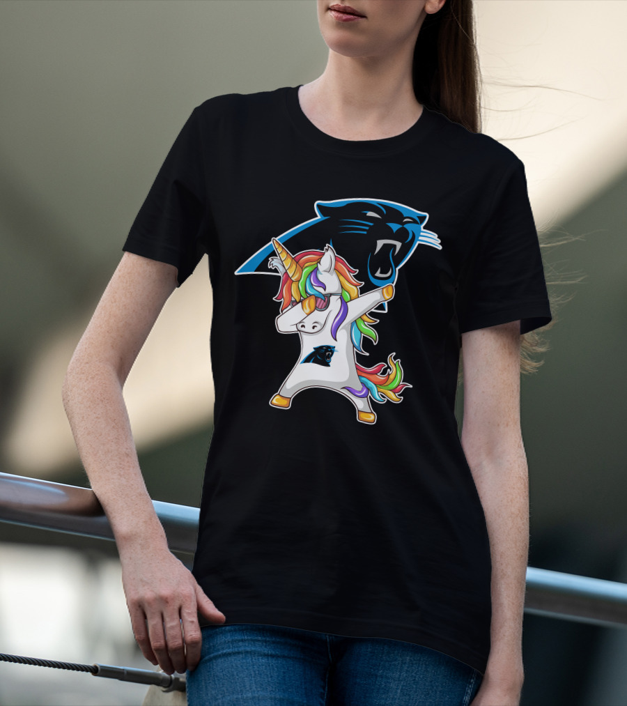 Carolina Panthers Unicorn Dabbing With Team Logo And Rainbow Mane T-Shirt