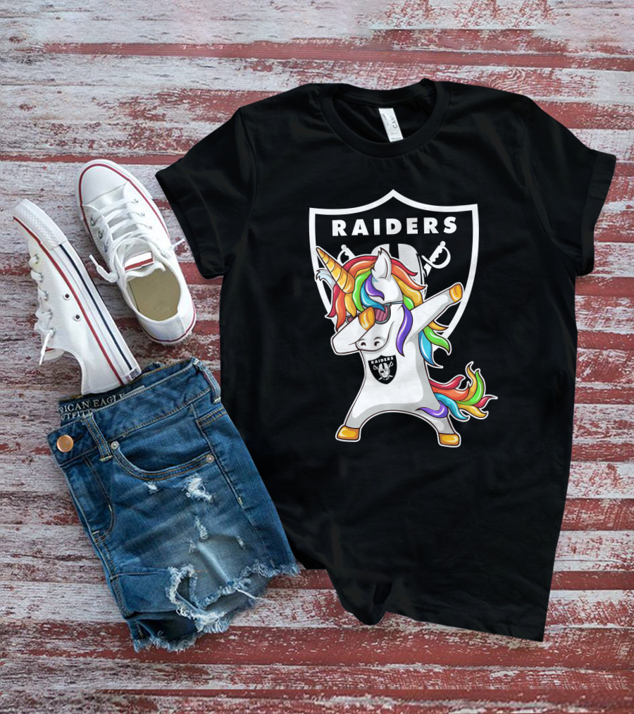 Las Vegas Raiders Unicorn Dabbing With Rainbow Mane In Shield T-Shirt