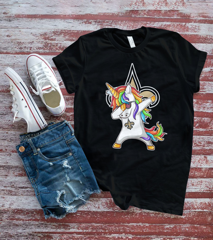New Orleans Saints Unicorn Dabbing Fleur-de-Lis Rainbow Mane T-Shirt