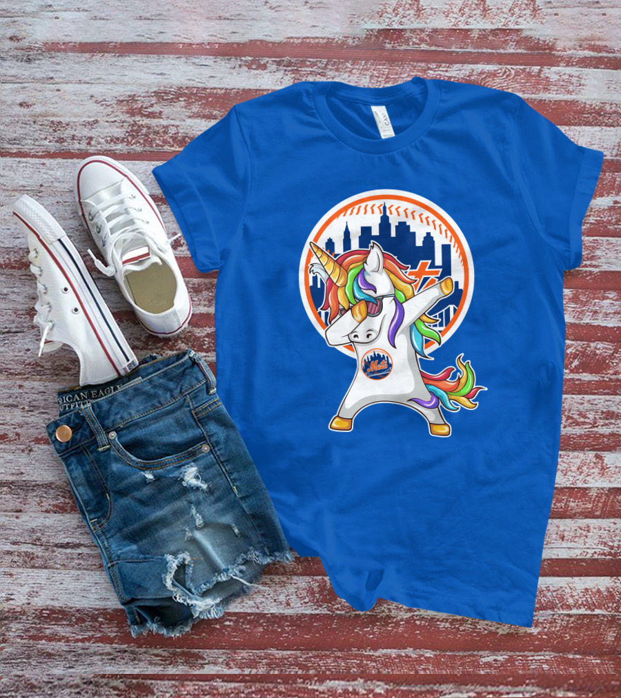 New York Mets Unicorn Dabbing Rainbow Skyline Baseball T-Shirt