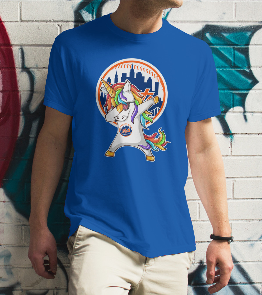 New York Mets Unicorn Dabbing Rainbow Skyline Baseball T-Shirt