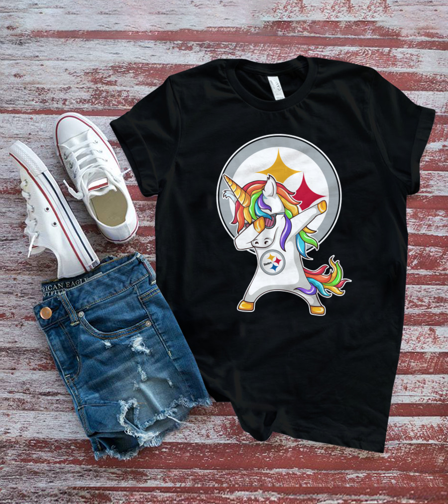 Pittsburgh Steelers Dabbing Unicorn Fan Design Rainbow T-Shirt