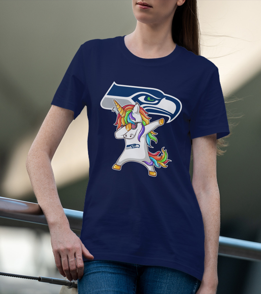 Seattle Seahawks Unicorn Dabbing Rainbow Hair T-Shirt