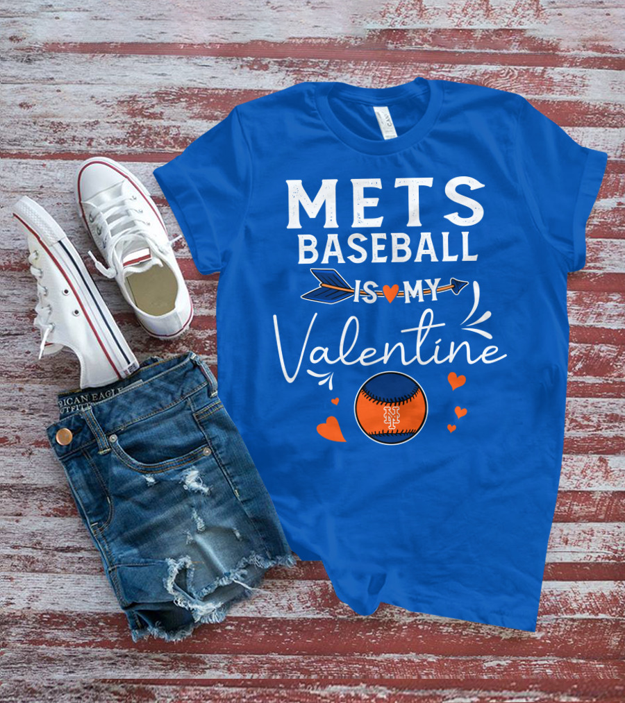 Mets Baseball Is My Valentine Orange Blue Hearts And Baseball T-Shirt