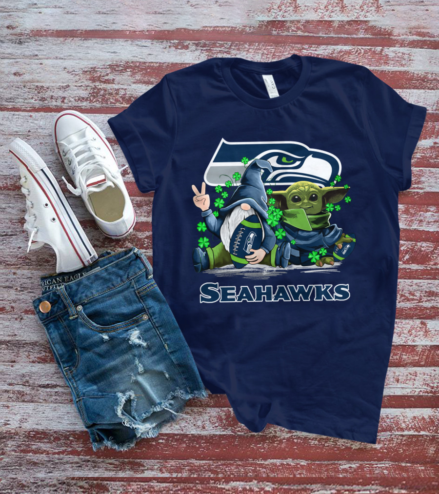 Leprechauns Gnomes Baby Yoda Seattle Seahawks Hug Football T-Shirt