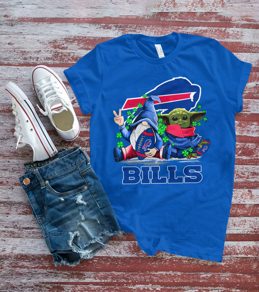 Leprechauns Gnomes Baby Yoda Hug Buffalo Bills Football Team Logo Shamrocks T-Shirt