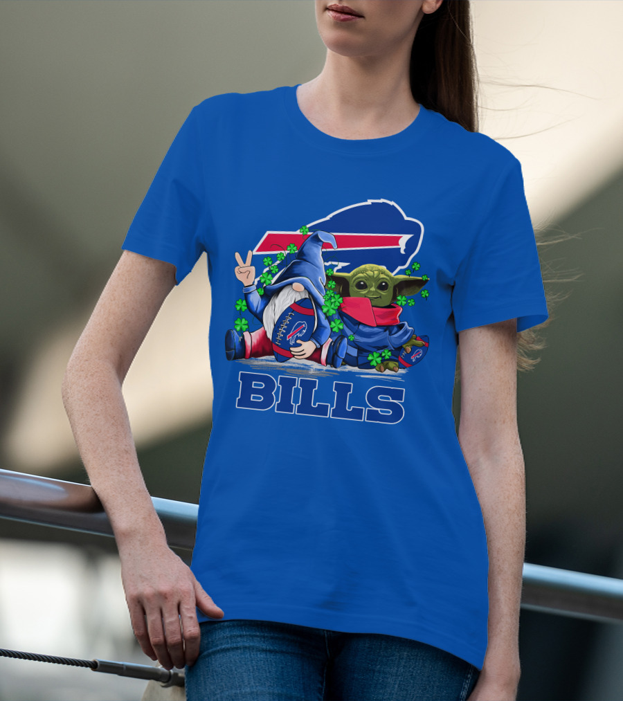Leprechauns Gnomes Baby Yoda Hug Buffalo Bills Football Team Logo Shamrocks T-Shirt