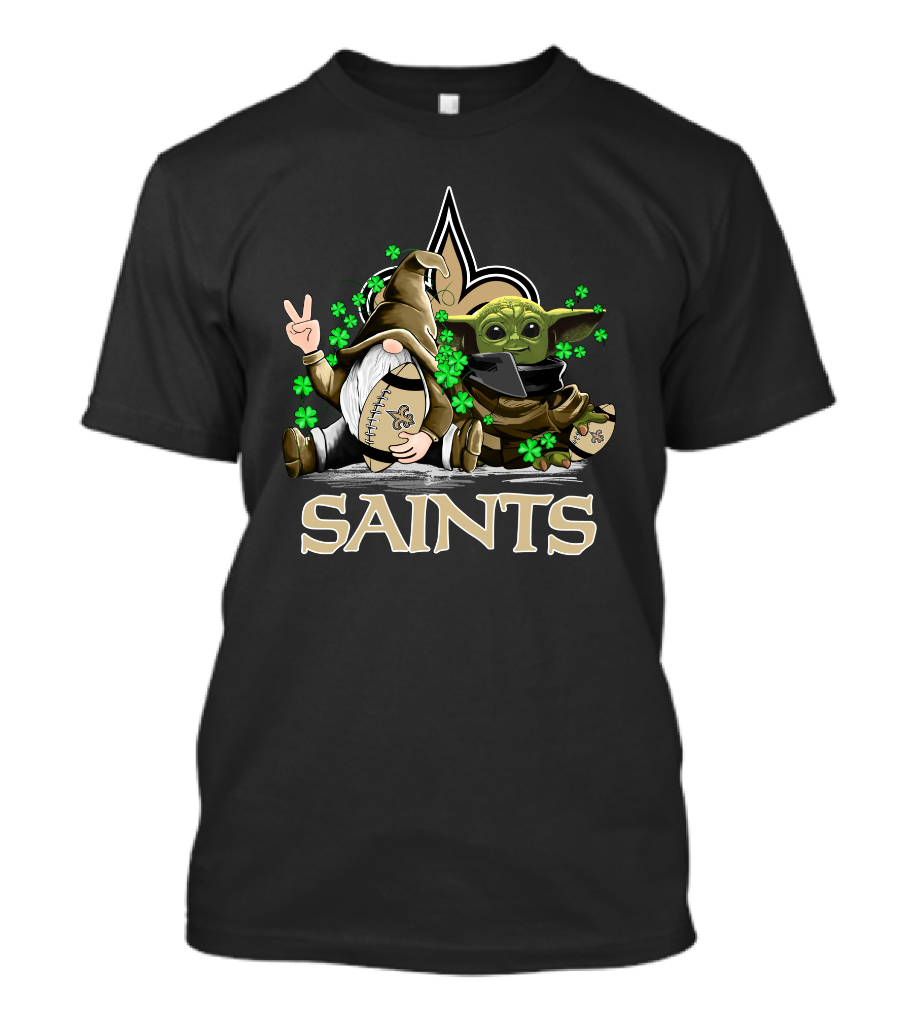 Leprechauns Gnomes Baby Yoda New Orleans Saints Football Shamrocks T-Shirt