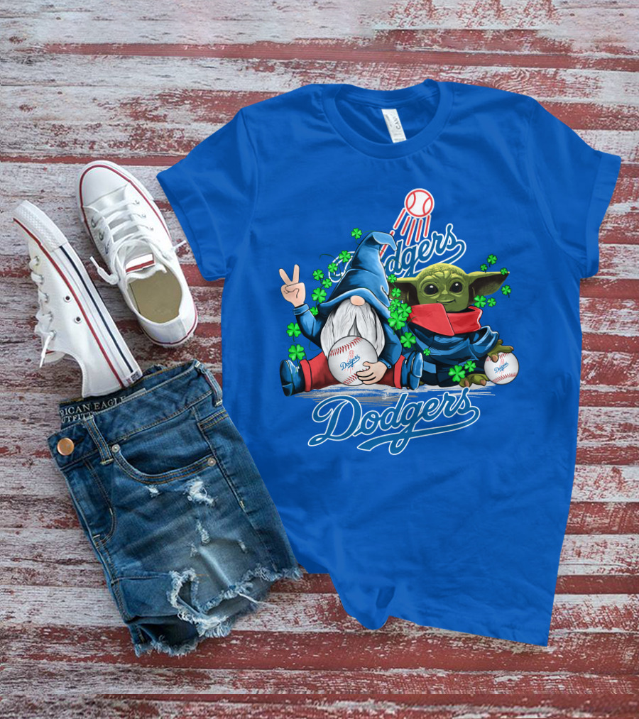 Dodgers Gnomes And Baby Yoda With Baseball And Shamrocks T-Shirt