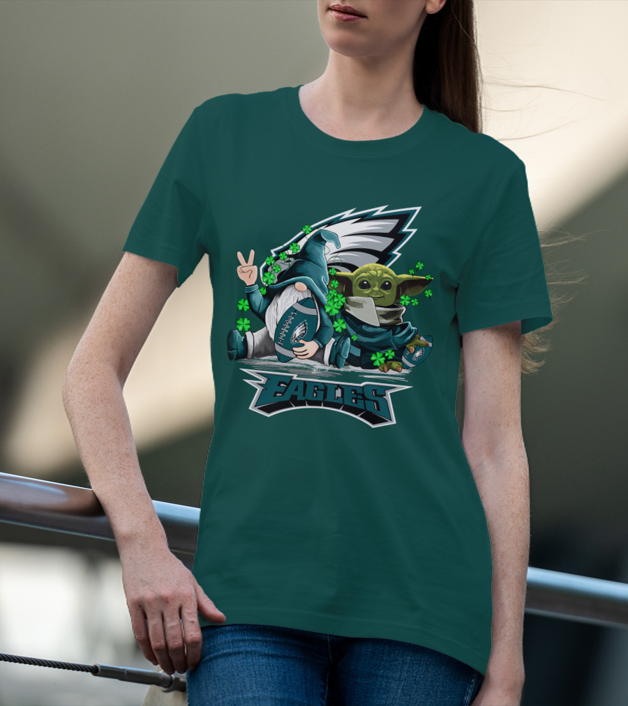 Philadelphia Eagles Leprechauns Gnomes Baby Yoda Hug Football T-Shirt