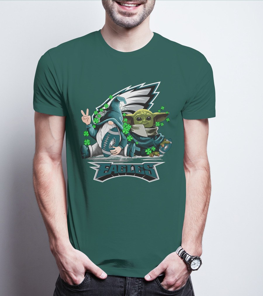 Philadelphia Eagles Leprechauns Gnomes Baby Yoda Hug Football T-Shirt