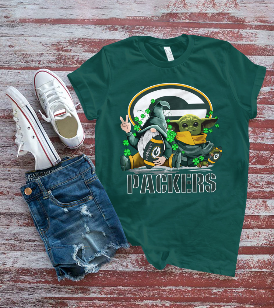 Leprechauns Gnomes Baby Yoda Packers Logo Shamrocks Hug Green Bay T-Shirt