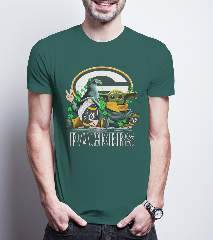 Leprechauns Gnomes Baby Yoda Packers Logo Shamrocks Hug Green Bay T-Shirt