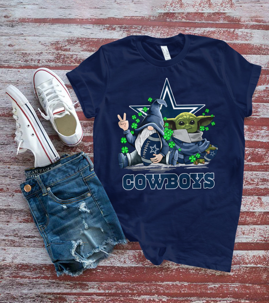 Leprechauns Gnomes Baby Yoda Hug Cowboys Star Clover Football T-Shirt