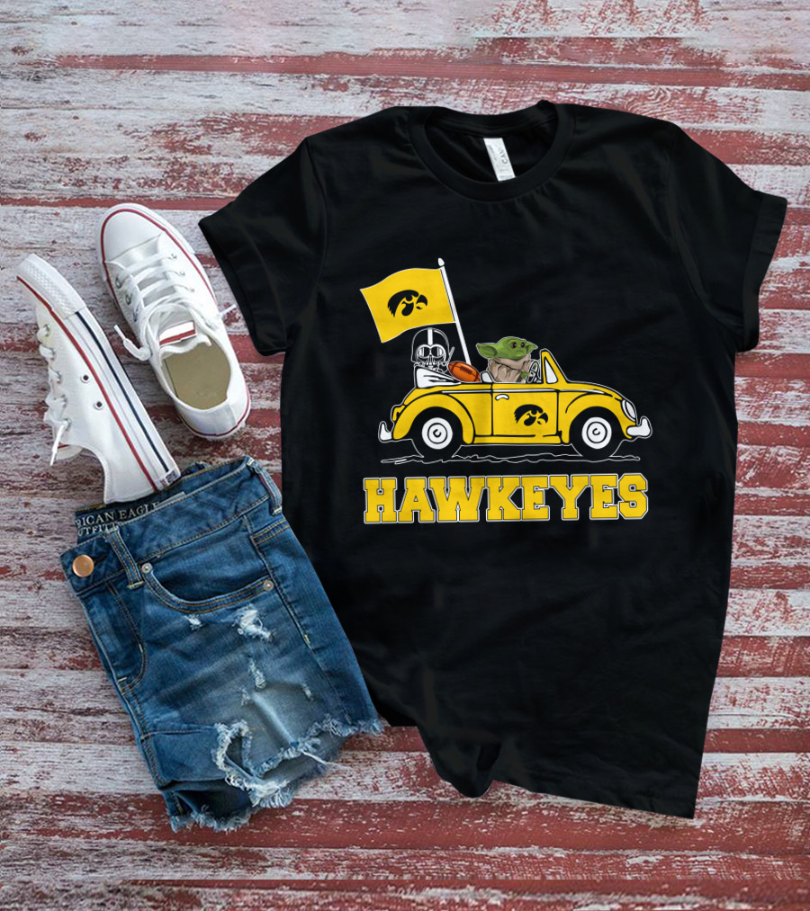 Iowa Hawkeyes Darth Vader Baby Yoda Driving Yellow Car Star Wars T-Shirt