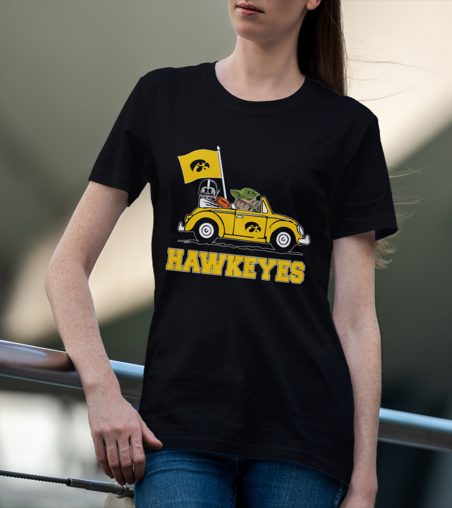 Iowa Hawkeyes Darth Vader Baby Yoda Driving Yellow Car Star Wars T-Shirt