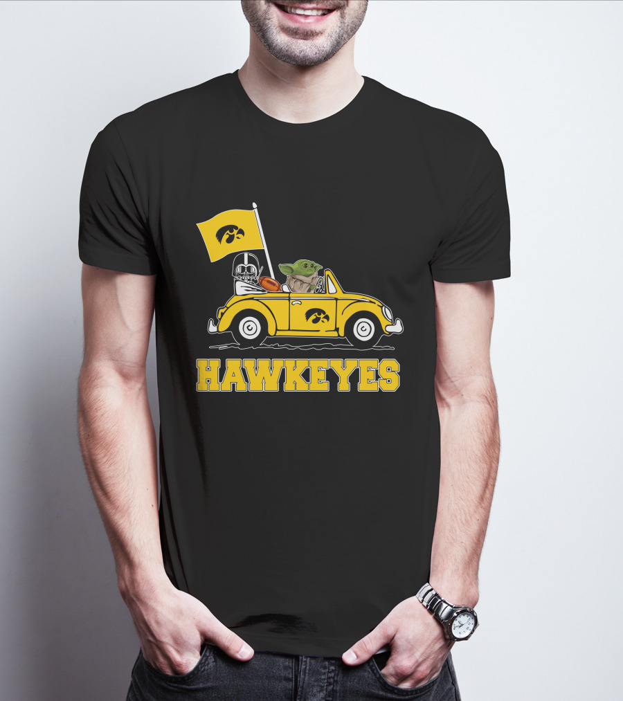 Iowa Hawkeyes Darth Vader Baby Yoda Driving Yellow Car Star Wars T-Shirt