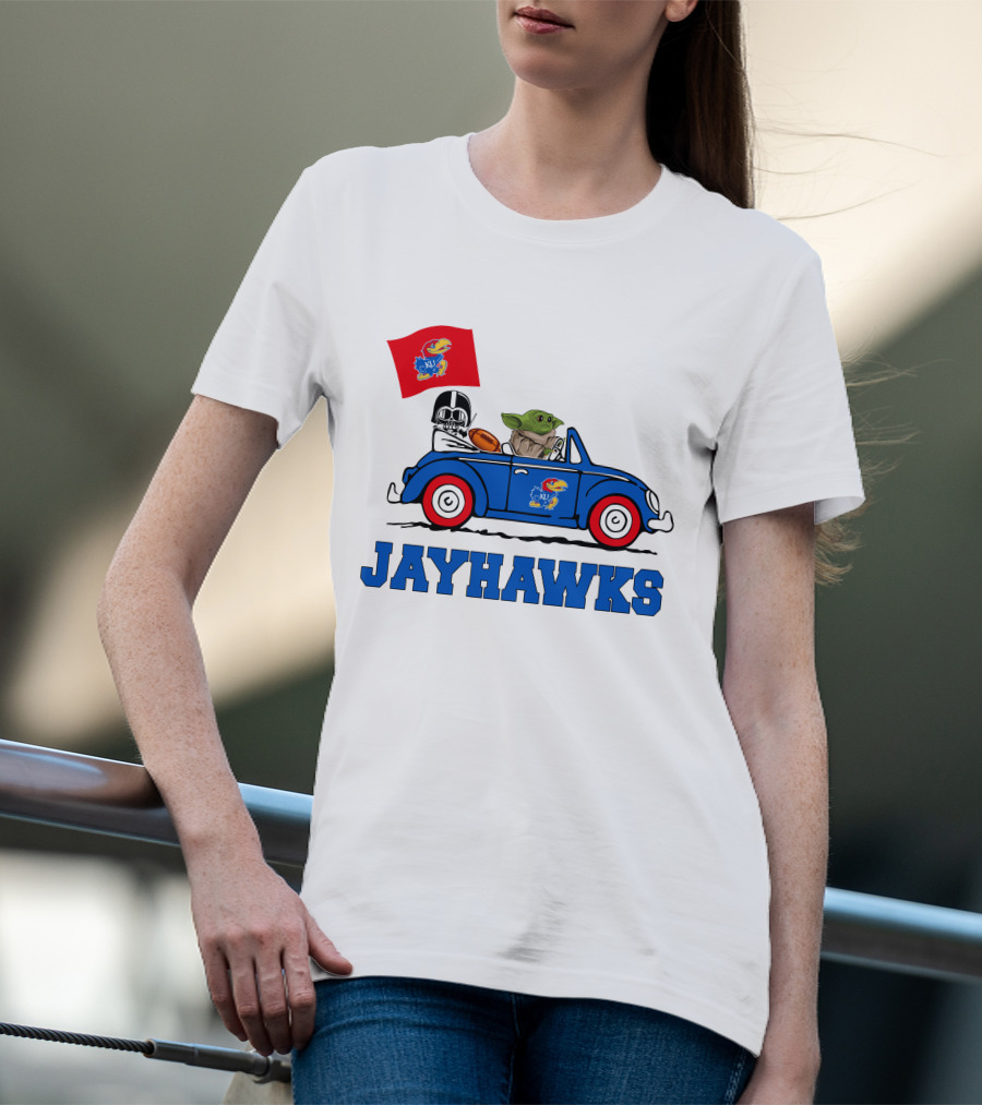 Kansas Jayhawks Darth Vader Baby Yoda Driving With Flag Star Wars Football T-Shirt