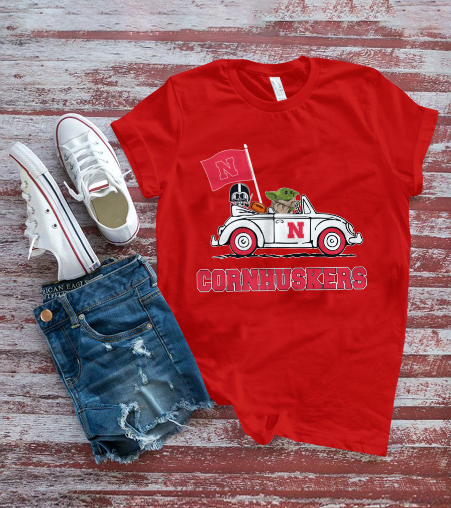 Cornhuskers Darth Vader Baby Yoda Driving Nebraska Car Star Wars T-Shirt