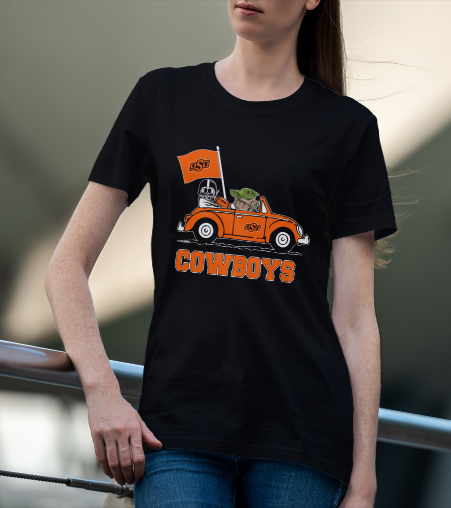 Oklahoma State Cowboys Darth Vader Baby Yoda Driving OsU Flag T-Shirt